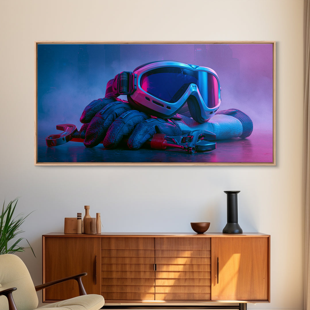 Goggles Gloves and Wrench Still Life Framed Canvas Print, Steampunk Art, Gallery Decor, Living Room Decor, Fine Art, Mechanic, STE-2x1-67