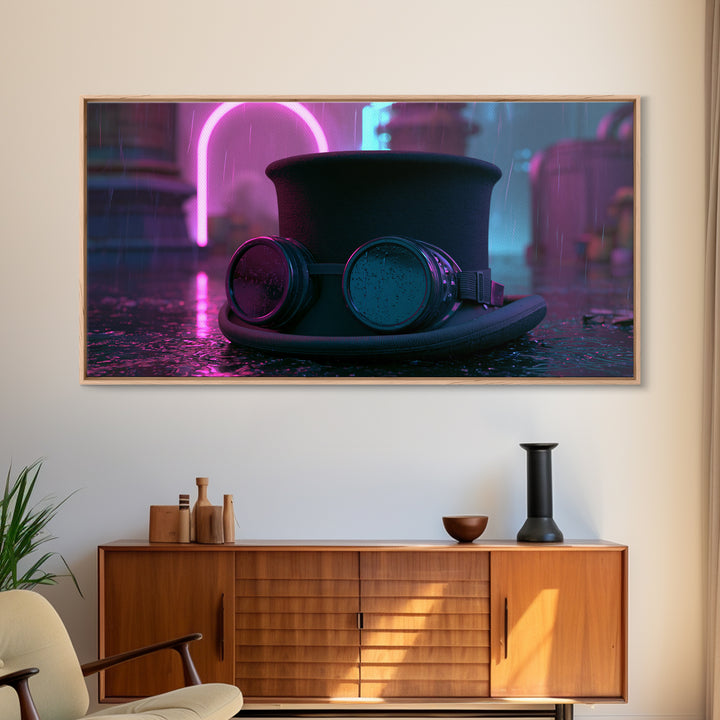 Top Hat and Goggles Still Life Framed Canvas Print, Steampunk Art, Art Nouveau, Living Room Decor, Fine Art, Mechanic, STE-2x1-72