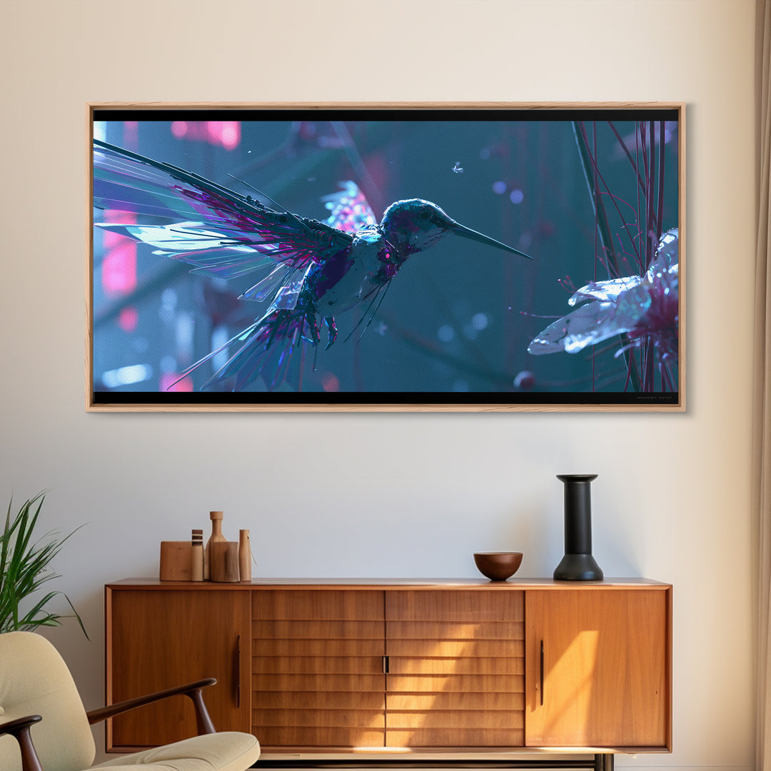Mechanical Hummingbird Hovering Near Flower Canvas Print, Steampunk Art, Printable Art, Living Room Decor, Watercolor Art, STE-2x1-77
