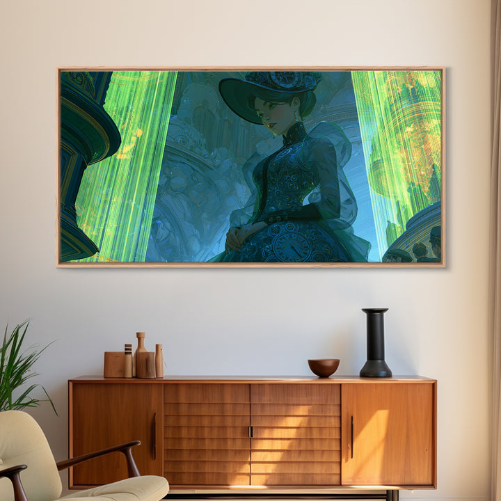 Victorian Lady with Clockwork Dress Details Framed Canvas Print, Steampunk Art, Boho Wall Art, Living Room Decor, Mechanic, STE-2x1-85