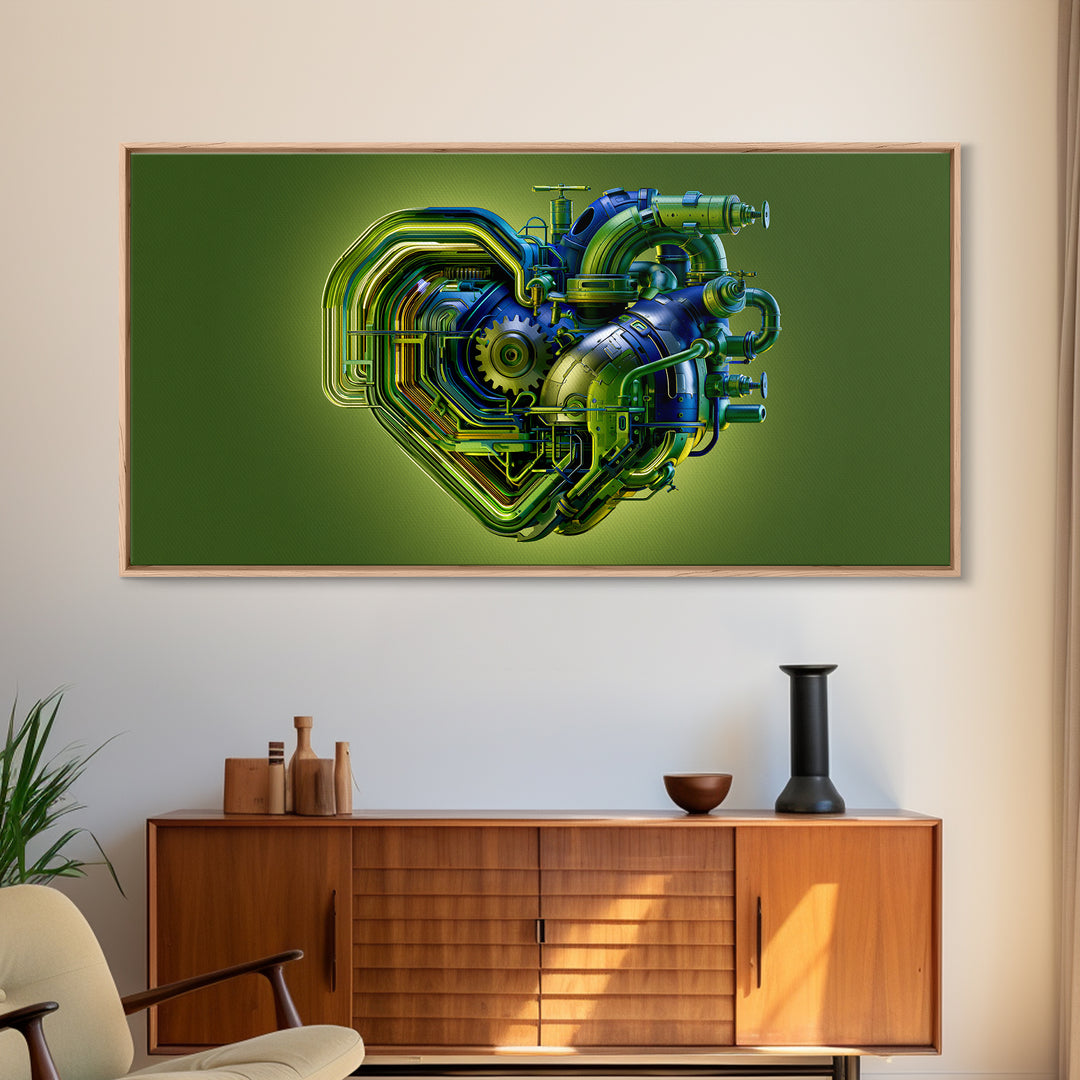 Gear Heart with Pipes and Valves Framed Canvas Print, Steampunk Art, Digital Print, Living Room Decor, Fine Art, Mechanic, STE-2x1-88