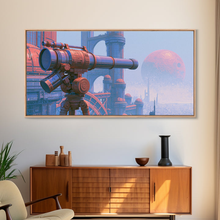 Brass Telescope Aimed at Copper Moon Framed Canvas Print, Steampunk Art, Printable Art, Living Room Decor, Oil Painting, STE-2x1-92