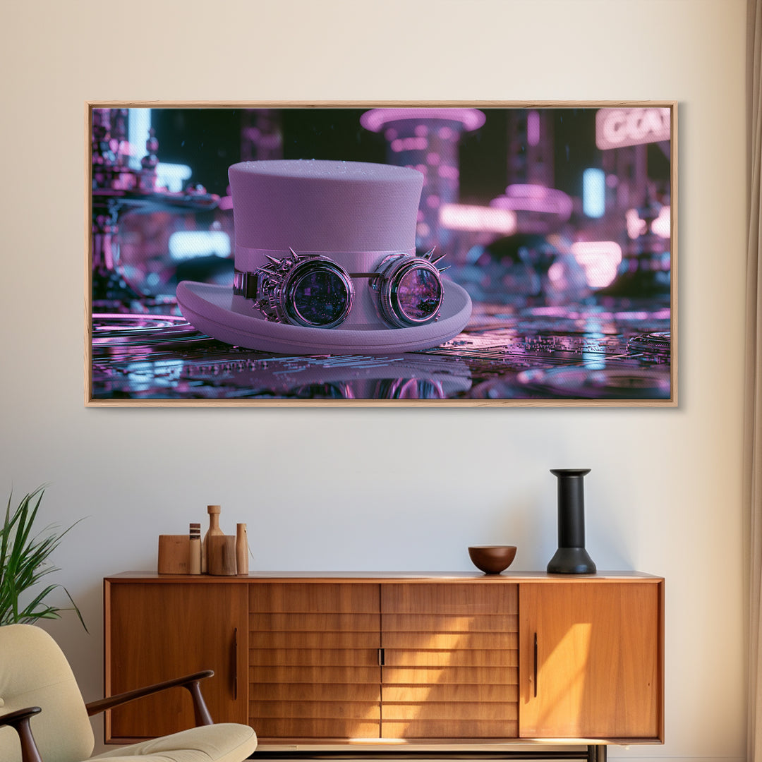 Top Hat and Goggles Still Life Framed Canvas Print, Steampunk Art, Cat Art, Living Room Decor, Oil Painting, Mechanic, STE-2x1-96