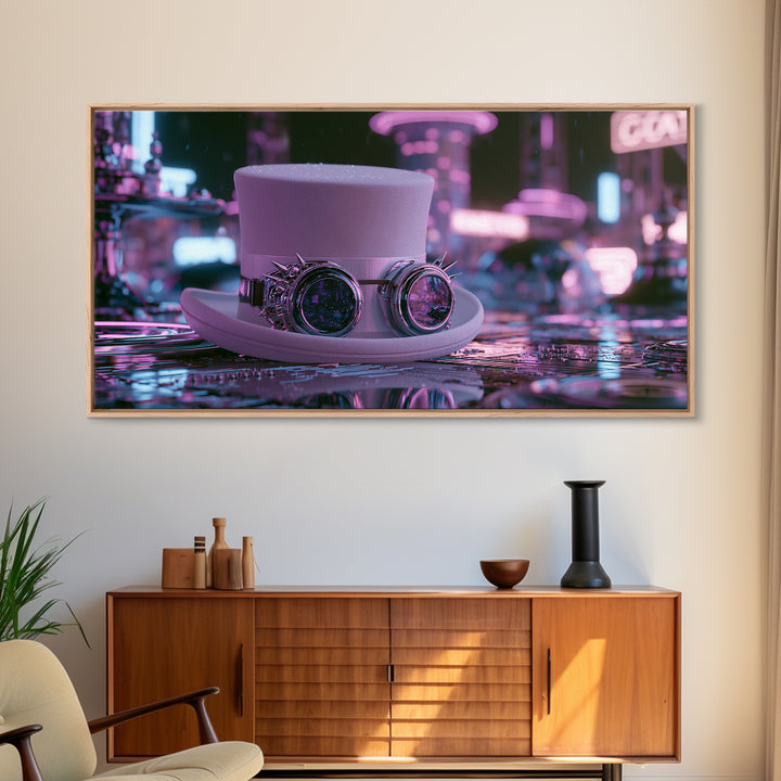 Top Hat and Goggles Still Life Framed Canvas Print, Steampunk Art, Cat Art, Living Room Decor, Oil Painting, Mechanic, STE-2x1-96
