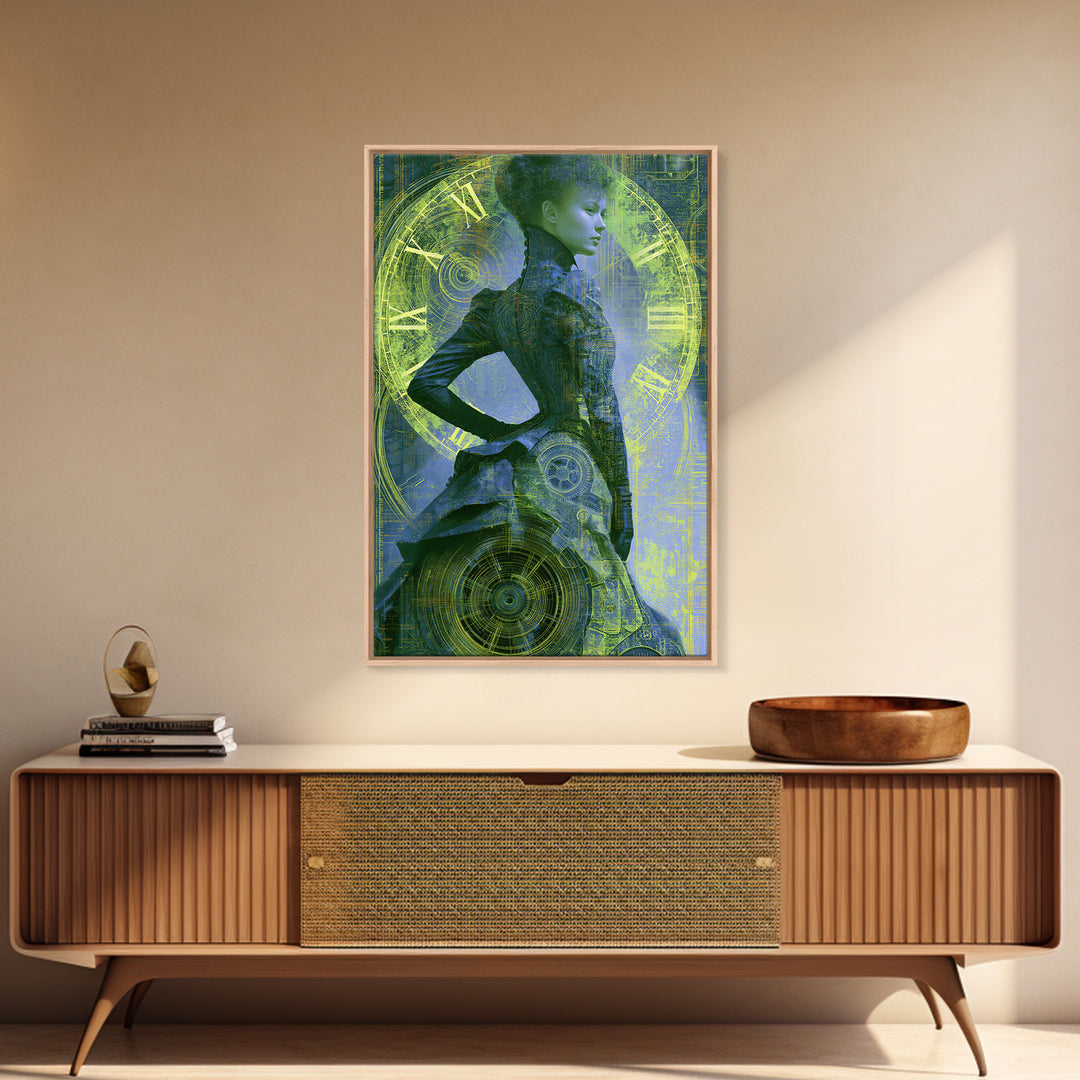 Victorian Lady with Clockwork Dress Details Framed Canvas Print, Steampunk Art, Steampunk, Living Room Decor, Mechanic, STE-2x3-1