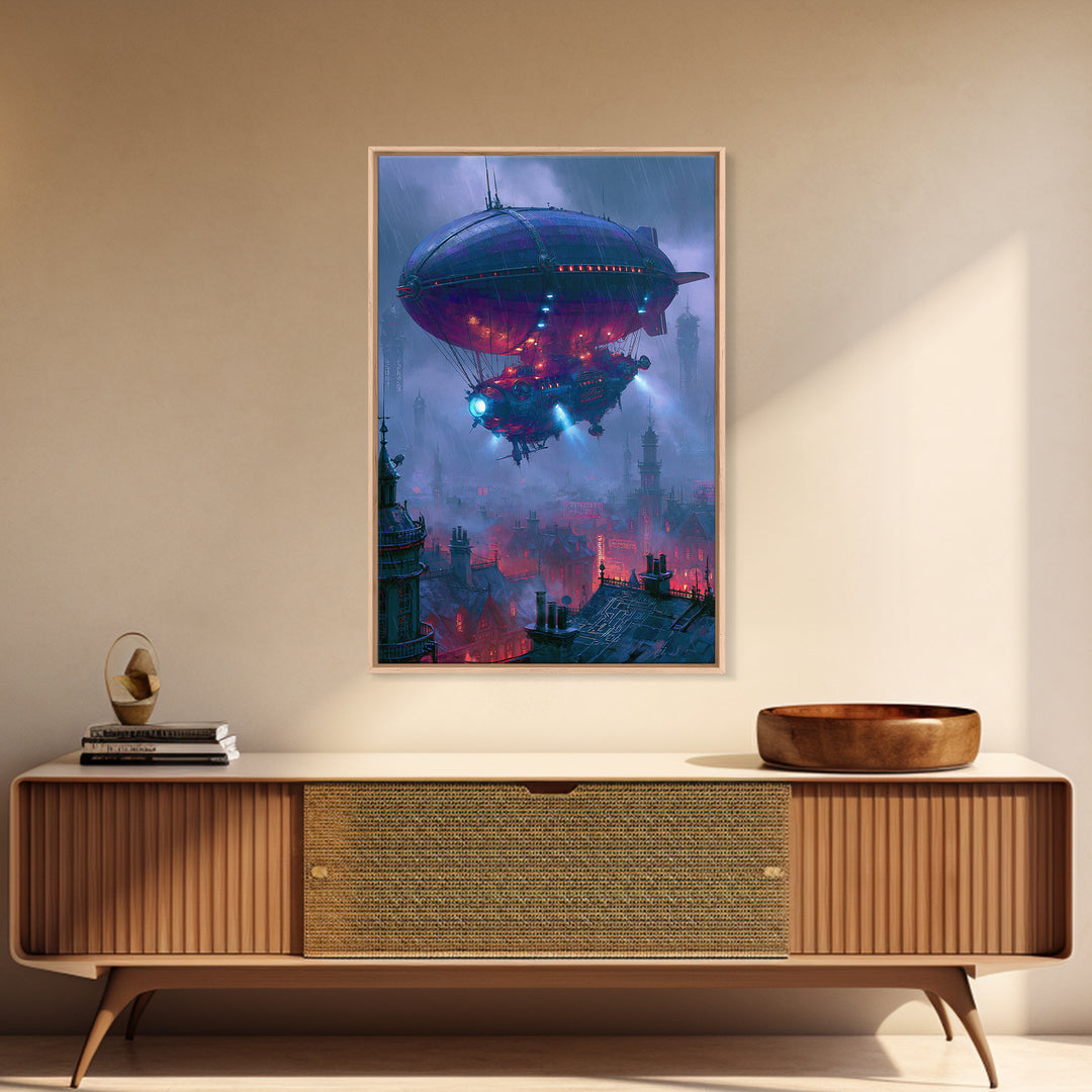 Airship Floating Above Victorian City Roofs Canvas Print, Steampunk Art, Contemporary Art, Living Room Decor, Mechanic, STE-2x3-10