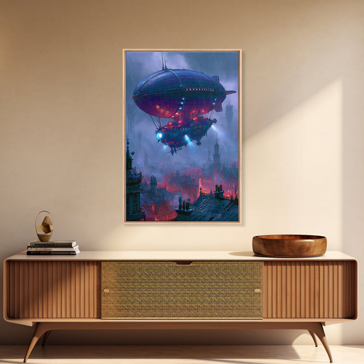 Airship Floating Above Victorian City Roofs Canvas Print, Steampunk Art, Contemporary Art, Living Room Decor, Mechanic, STE-2x3-10