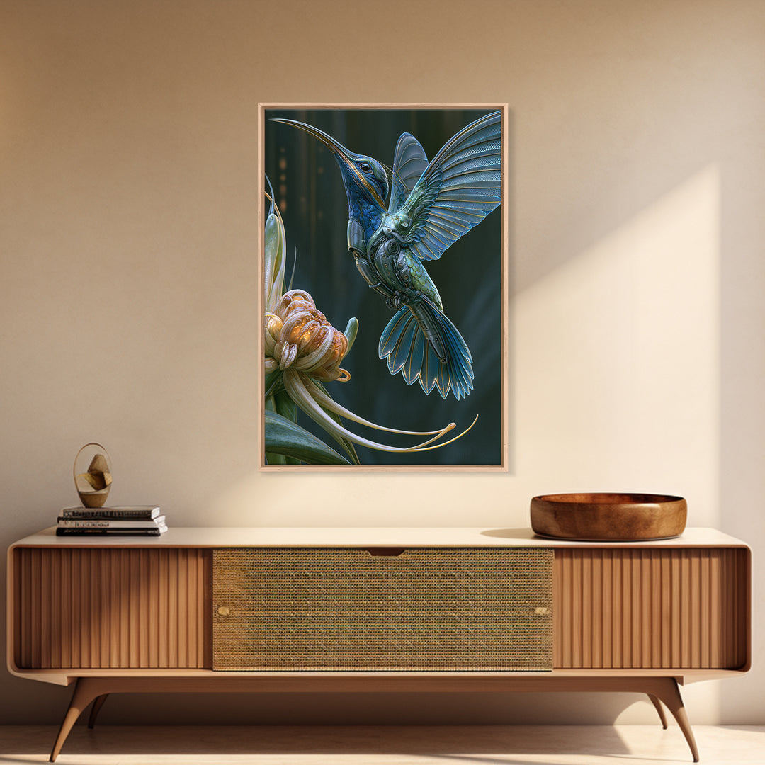 Mechanical Hummingbird Hovering Near Flower Framed Canvas Print, Steampunk Art, Canvas Art, Living Room Decor, Mechanic, STE-2x3-17