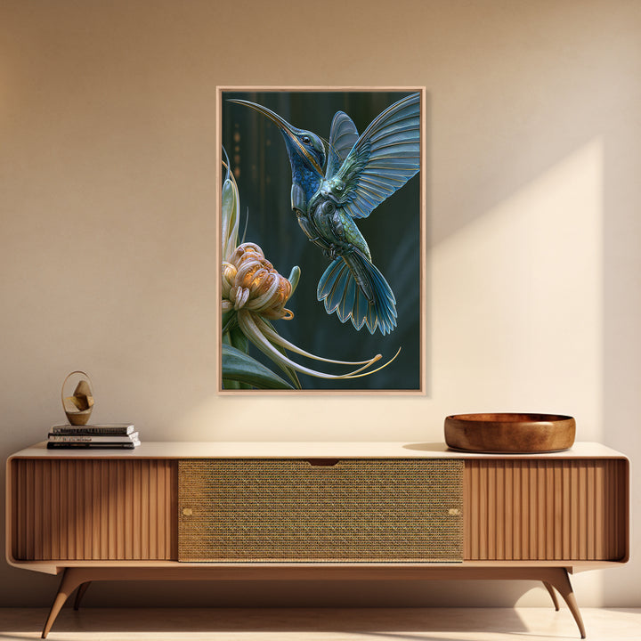 Mechanical Hummingbird Hovering Near Flower Framed Canvas Print, Steampunk Art, Canvas Art, Living Room Decor, Mechanic, STE-2x3-17