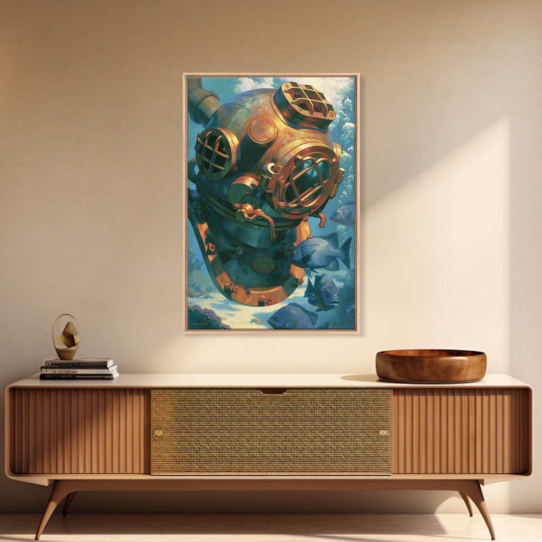Brass Diving Helmet Framed Canvas Print, Steampunk Art, Printable Art, Living Room Decor, Oil Painting, Mechanic, STE-2x3-20