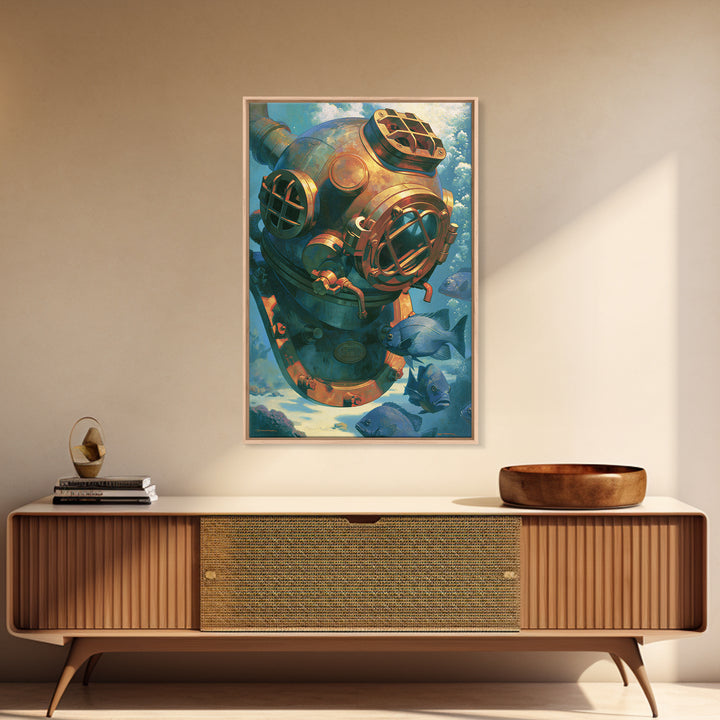 Brass Diving Helmet Framed Canvas Print, Steampunk Art, Printable Art, Living Room Decor, Oil Painting, Mechanic, STE-2x3-20