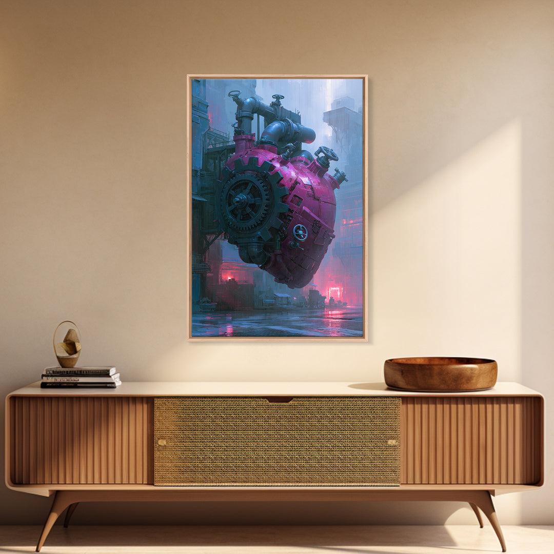 Gear Heart with Pipes and Valves Framed Canvas Print, Steampunk Art, Modern Art, Living Room Decor, Fine Art, Mechanic, STE-2x3-28