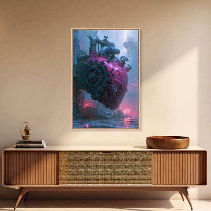 Gear Heart with Pipes and Valves Framed Canvas Print, Steampunk Art, Modern Art, Living Room Decor, Fine Art, Mechanic, STE-2x3-28