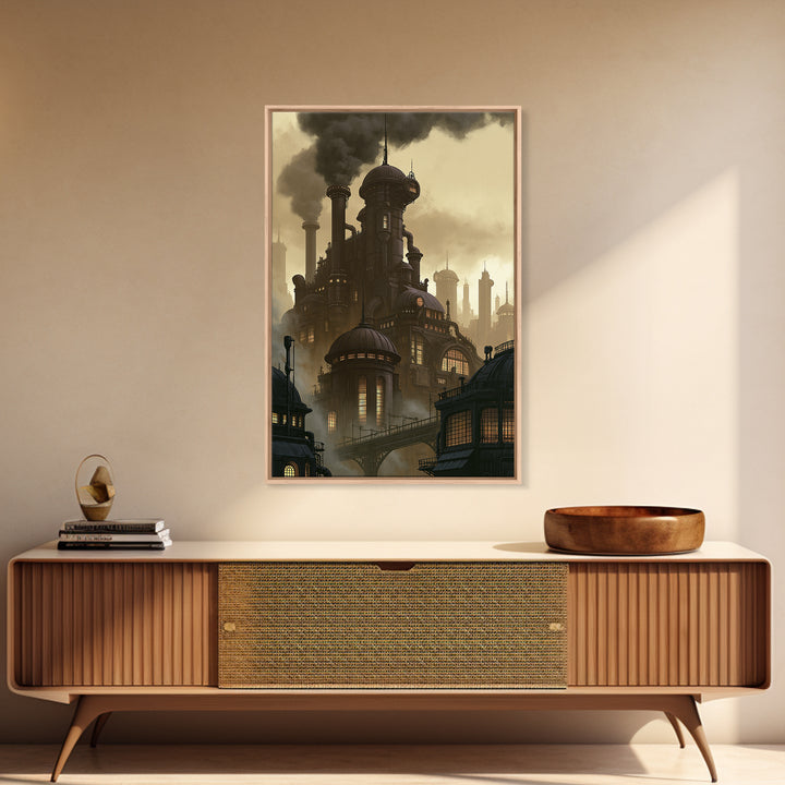 Steam Powered City Skyline Canvas Print, Steampunk Art, Original Art, Living Room Decor, Abstract Art, Mechanic, Cat Art, STE-2x3-29