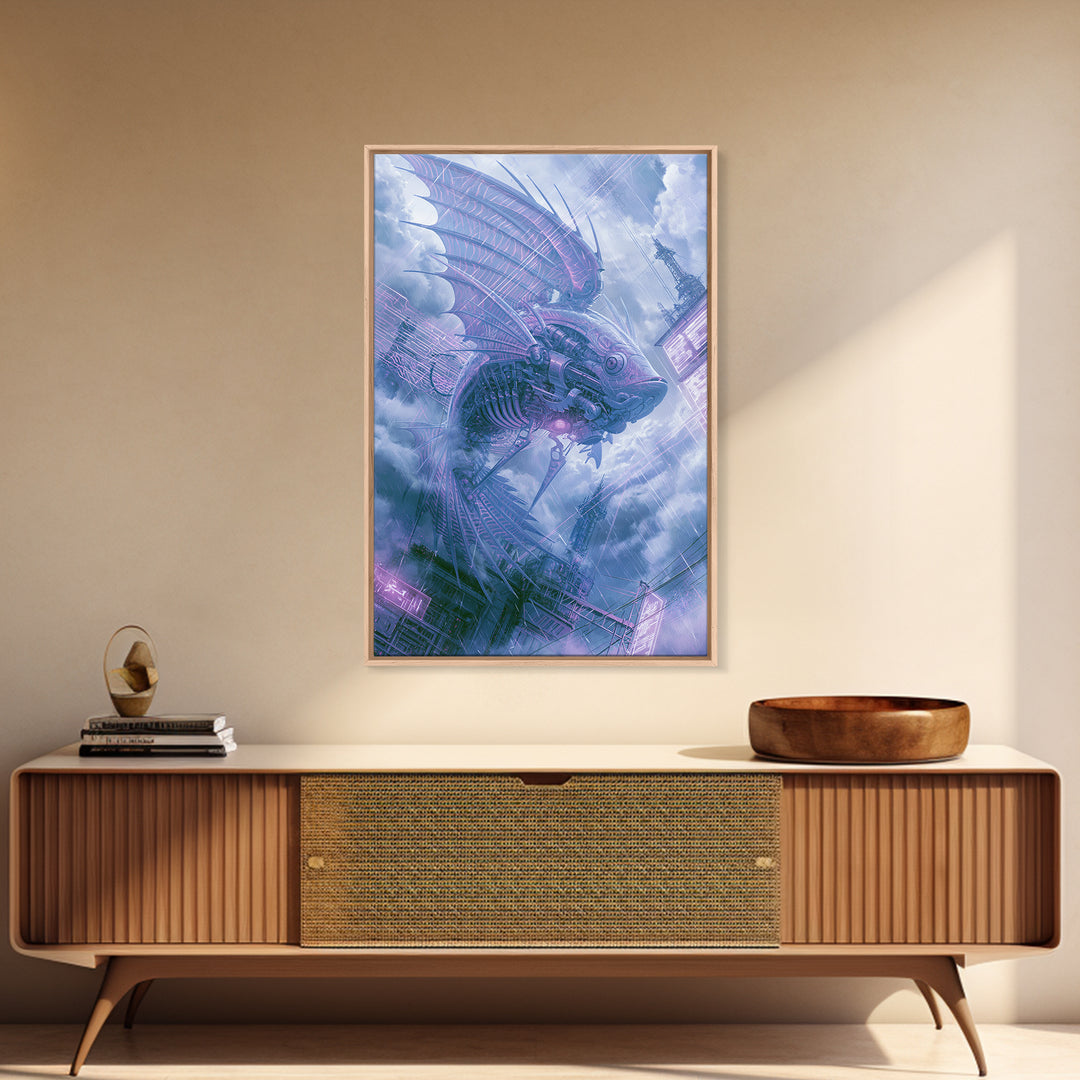 Mechanical Fish Swimming Through Clouds Framed Canvas Print, Steampunk Art, Minimalist Decor, Living Room Decor, Mechanic, STE-2x3-30