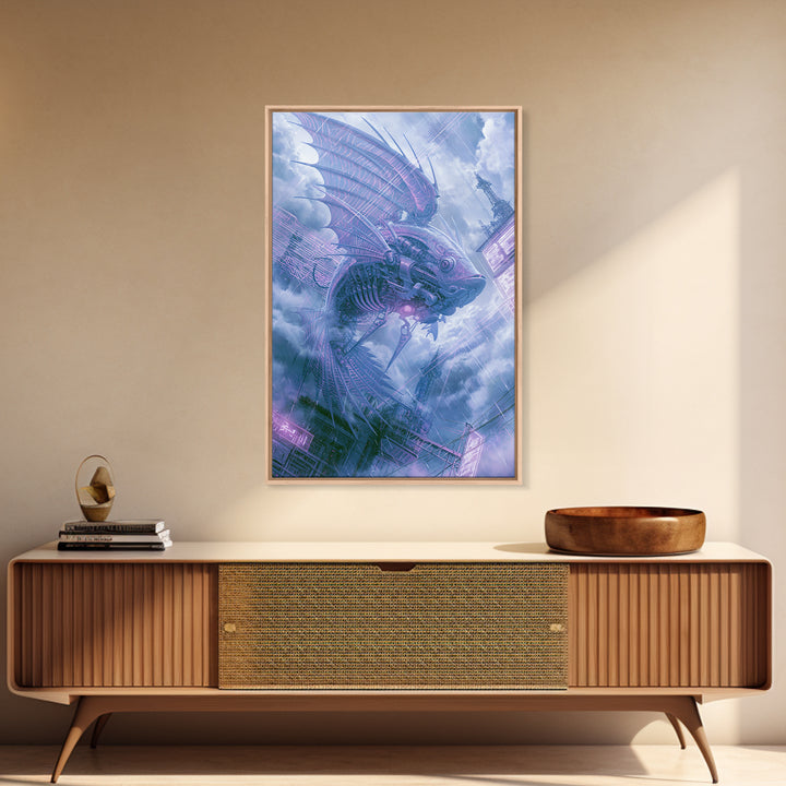 Mechanical Fish Swimming Through Clouds Framed Canvas Print, Steampunk Art, Minimalist Decor, Living Room Decor, Mechanic, STE-2x3-30