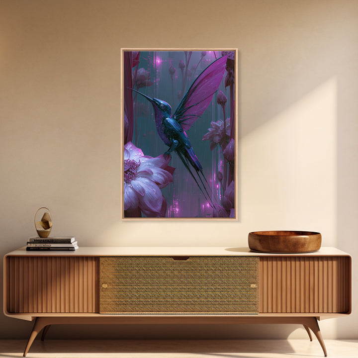 Mechanical Hummingbird Hovering Near Flower Framed Canvas Print, Steampunk Art, Canvas Art, Living Room Decor, Mechanic, STE-2x3-41