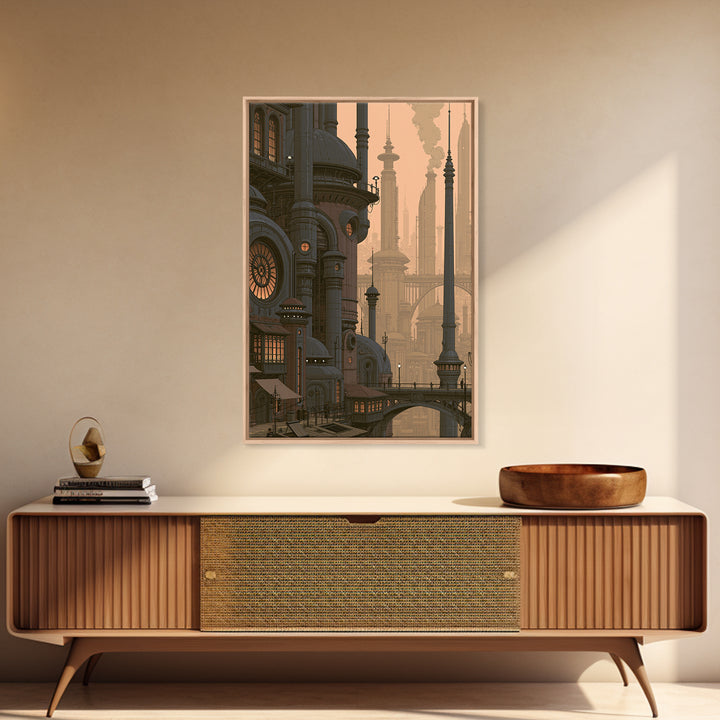 Steam Powered City Skyline Canvas Print, Steampunk Art, Original Art, Living Room Decor, Abstract Art, Mechanic, Cat Art, STE-2x3-5