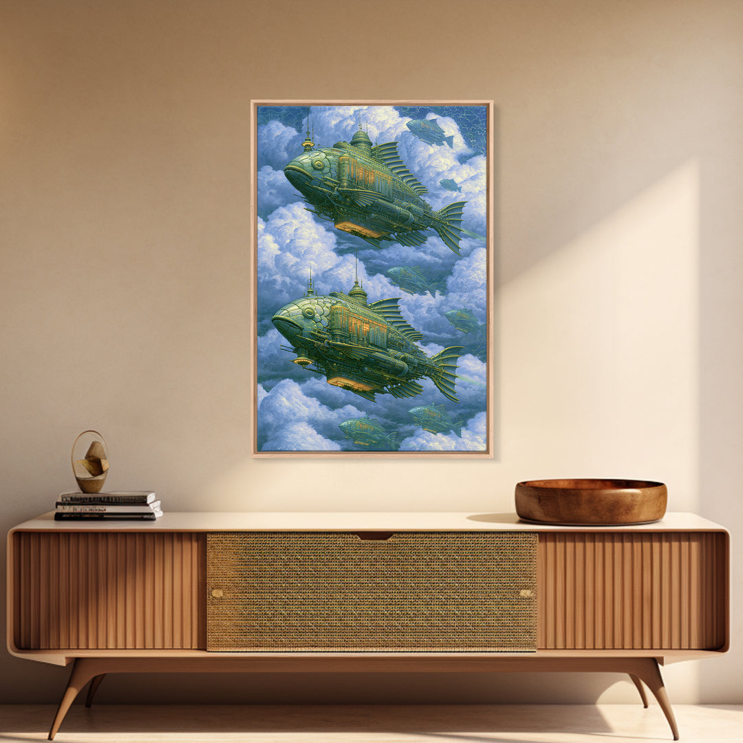 Mechanical Fish Swimming Through Clouds Canvas Print, Steampunk Art, Halloween Decor, Living Room Decor, Fine Art, Mechanic, STE-2x3-54
