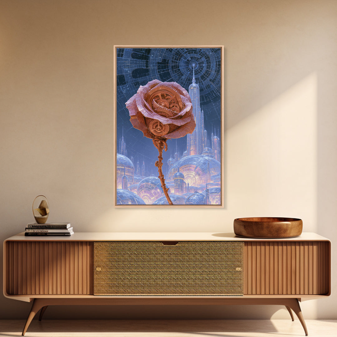 Mechanical Rose Made of Copper Gears Framed Canvas Print, Steampunk Art, Printable Art, Living Room Decor, Oil Painting, STE-2x3-59