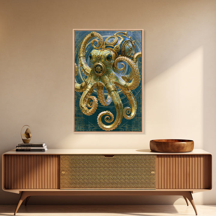 Steampunk Octopus with Brass Tentacles Canvas Print, Steampunk Art, Boho Wall Art, Living Room Decor, Fine Art, Mechanic, STE-2x3-61