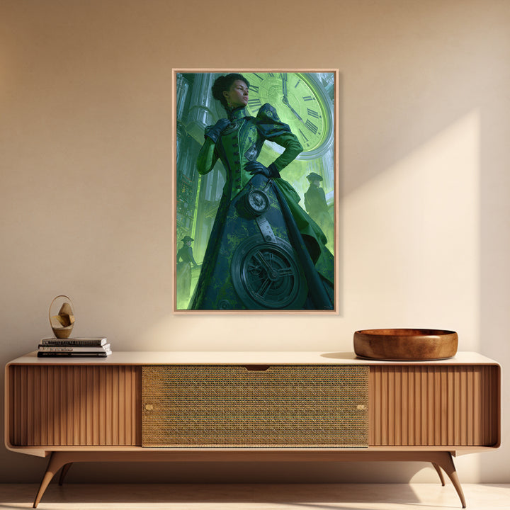 Victorian Lady with Clockwork Dress Details Framed Canvas Print, Steampunk Art, Whimsigoth Decor, Living Room Decor, Mechanic, STE-2x3-73