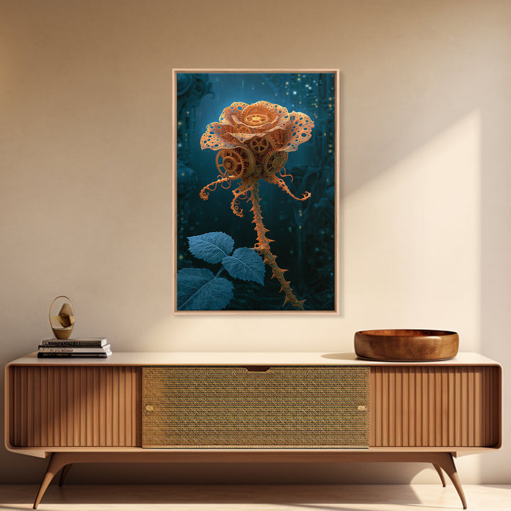 Mechanical Rose Made of Copper Gears Framed Canvas Print, Steampunk Art, Steampunk Lamp, Living Room Decor, Abstract Art, STE-2x3-83