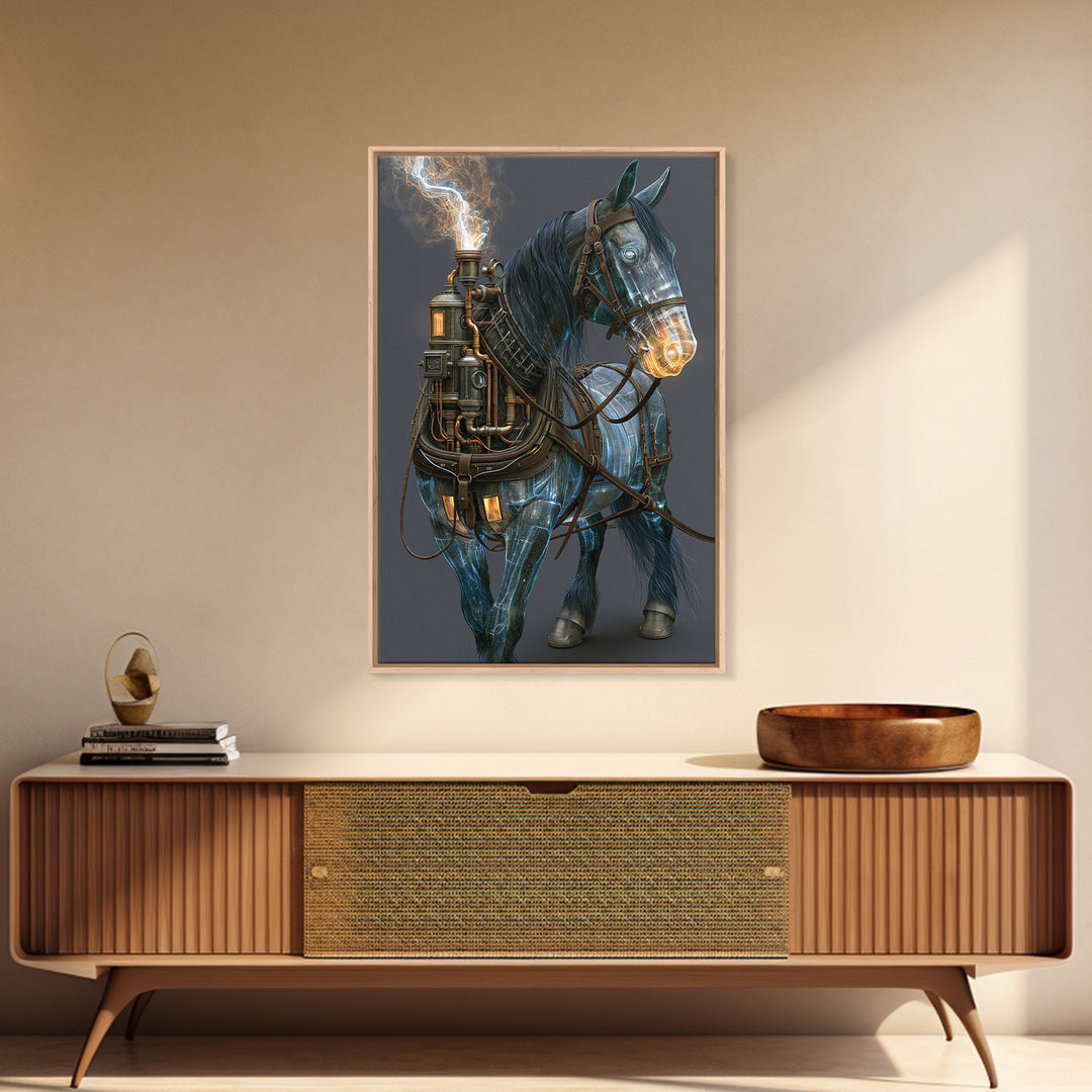 Steam Powered Horse Canvas Print, Steampunk Art, Dark Art, Living Room Decor, Oil Painting, Mechanic, Minimalist Decor, STE-2x3-95