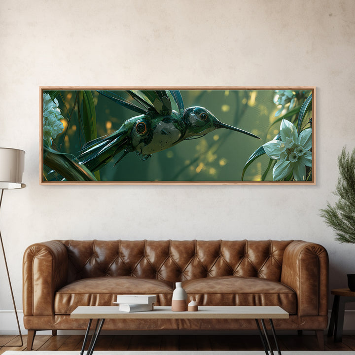 Mechanical Hummingbird Hovering Near Flower Canvas Print, Steampunk Art, Wall Art Living Room, Living Room Decor, Mechanic, STE-3x1-1