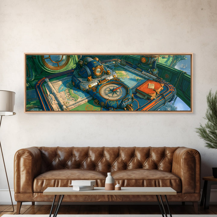 Airship Captain Map and Compass Still Life Framed Canvas Print, Steampunk Art, Digital Art, Living Room Decor, Mechanic, STE-3x1-10