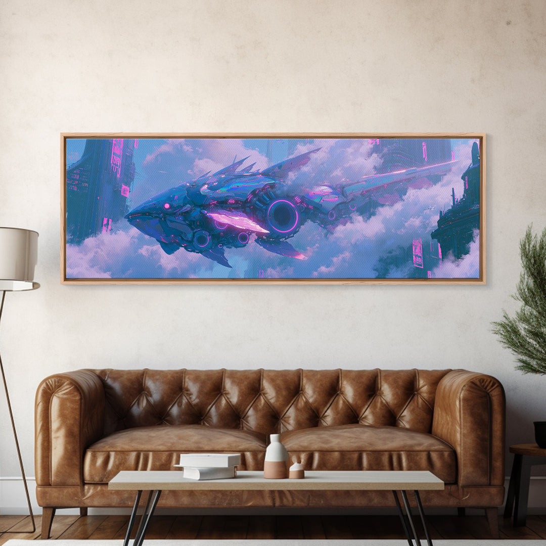 Mechanical Fish Swimming Through Clouds Canvas Print, Steampunk Art, Modern Decor, Living Room Decor, Fine Art, Mechanic, STE-3x1-14