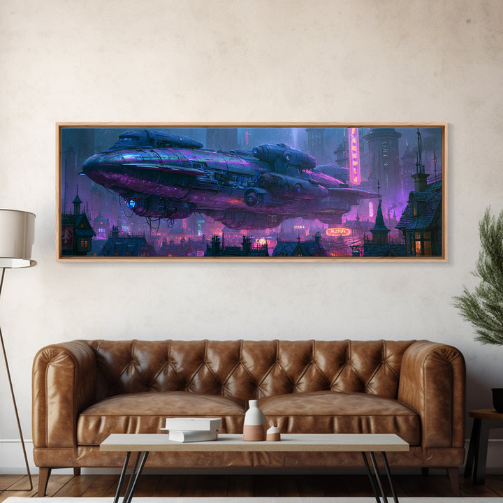 Airship Floating Above Victorian City Roofs Framed Canvas Print, Steampunk Art, Digital Print, Living Room Decor, Mechanic, STE-3x1-18