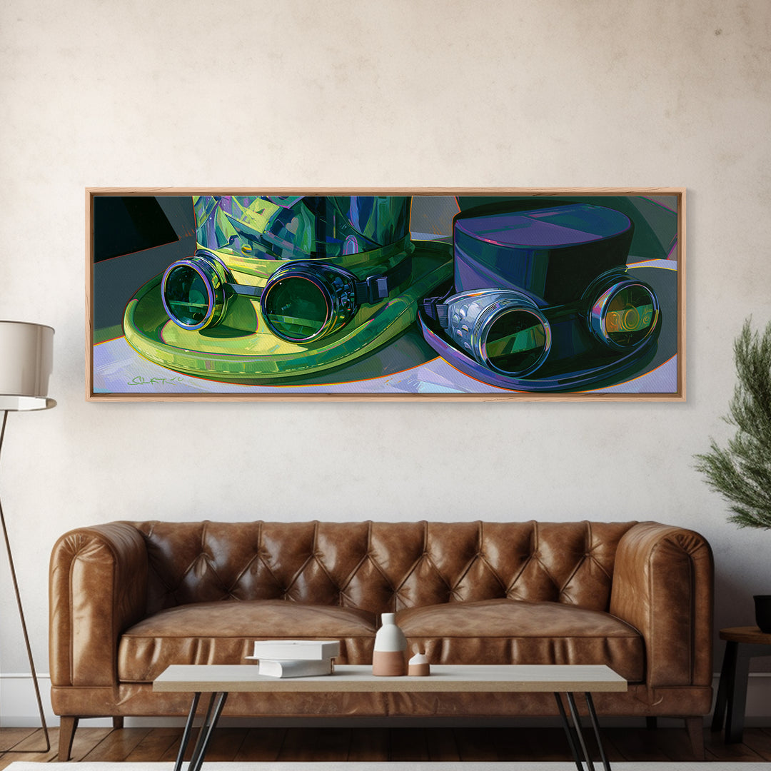 Top Hat and Goggles Still Life Canvas Print, Steampunk Art, Steampunk Decor, Living Room Decor, Fine Art, Mechanic, STE-3x1-20