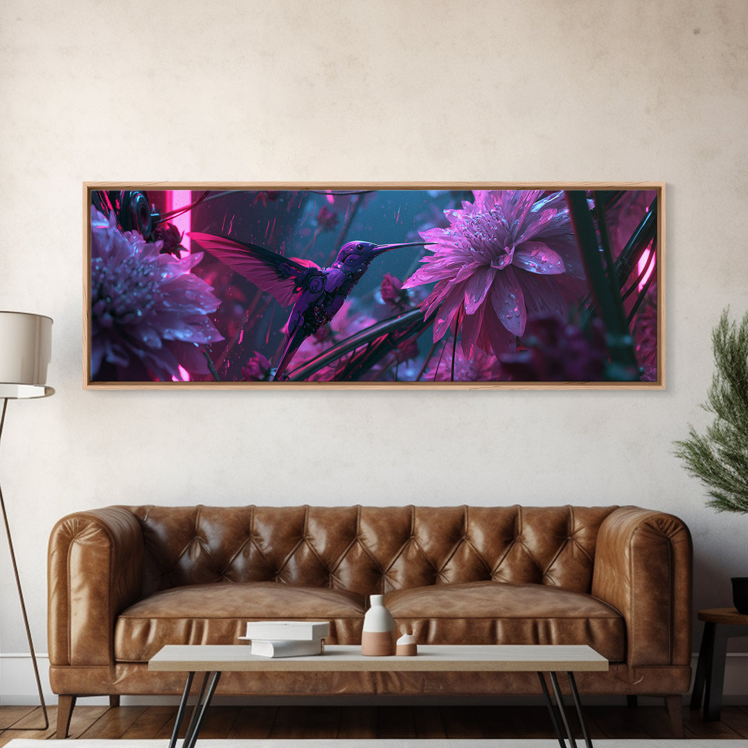 Mechanical Hummingbird Hovering Near Flower Canvas Print, Steampunk Art, Steampunk Lamp, Living Room Decor, Fine Art, Mechanic, STE-3x1-25
