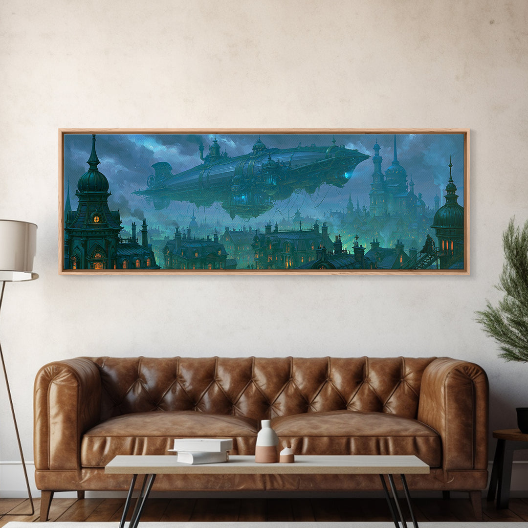 Airship Floating Above Victorian City Roofs Canvas Print, Steampunk Art, Whimsigoth Decor, Living Room Decor, Mechanic, STE-3x1-42