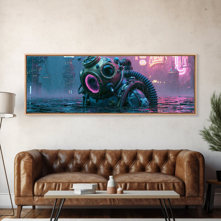 Brass Diving Helmet Framed Canvas Print, Steampunk Art, Living Room Decor, Abstract Art, Mechanic, Art Nouveau, STE-3x1-52
