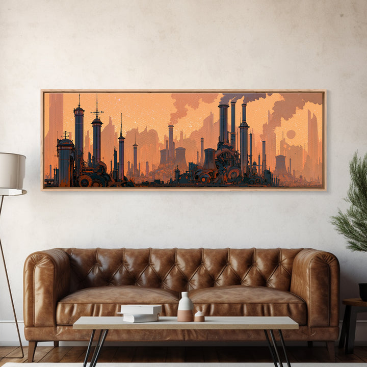 Steam Powered City Skyline Canvas Print, Steampunk Art, Dark Art, Living Room Decor, Abstract Art, Mechanic, Minimalist Decor, STE-3x1-61