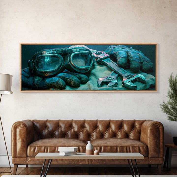 Goggles Gloves and Wrench Still Life Framed Canvas Print, Steampunk Art, Contemporary Art, Living Room Decor, Mechanic, STE-3x1-63