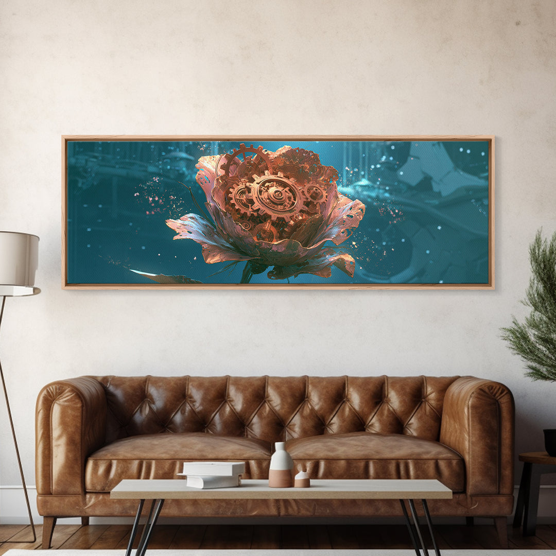 Mechanical Rose Made of Copper Gears Framed Canvas Print, Steampunk Art, Canvas Art, Living Room Decor, Abstract Art, Mechanic, STE-3x1-67
