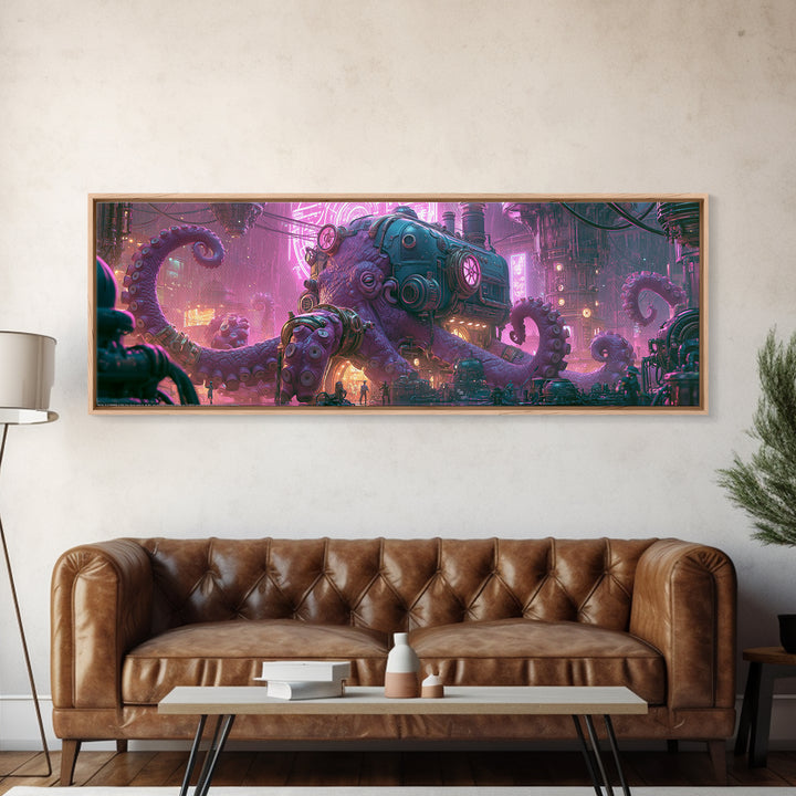 Steampunk Octopus with Brass Tentacles Framed Canvas Print, Steampunk Art, Gallery Decor, Living Room Decor, Fine Art, Mechanic, STE-3x1-69