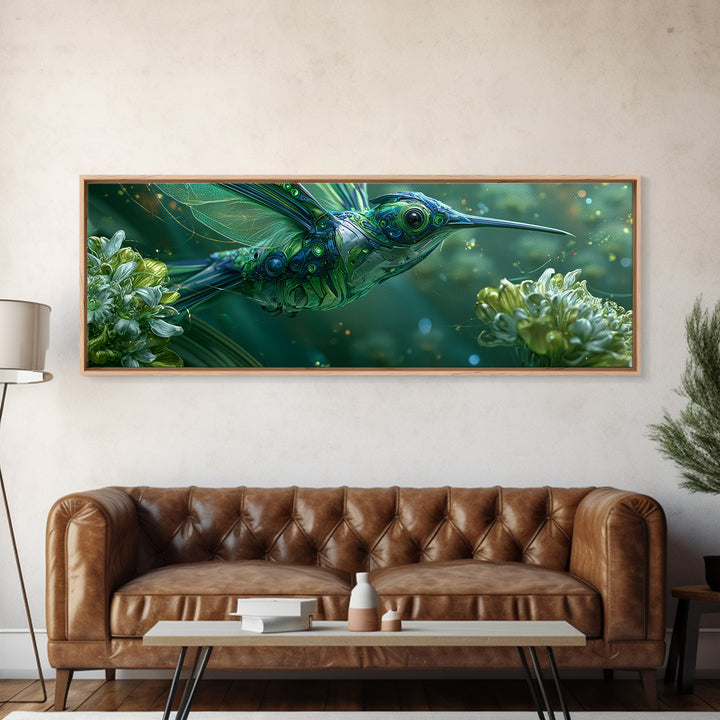 Mechanical Hummingbird Hovering Near Flower Framed Canvas Print, Steampunk Art, Neutral Decor, Living Room Decor, Oil Painting, STE-3x1-73