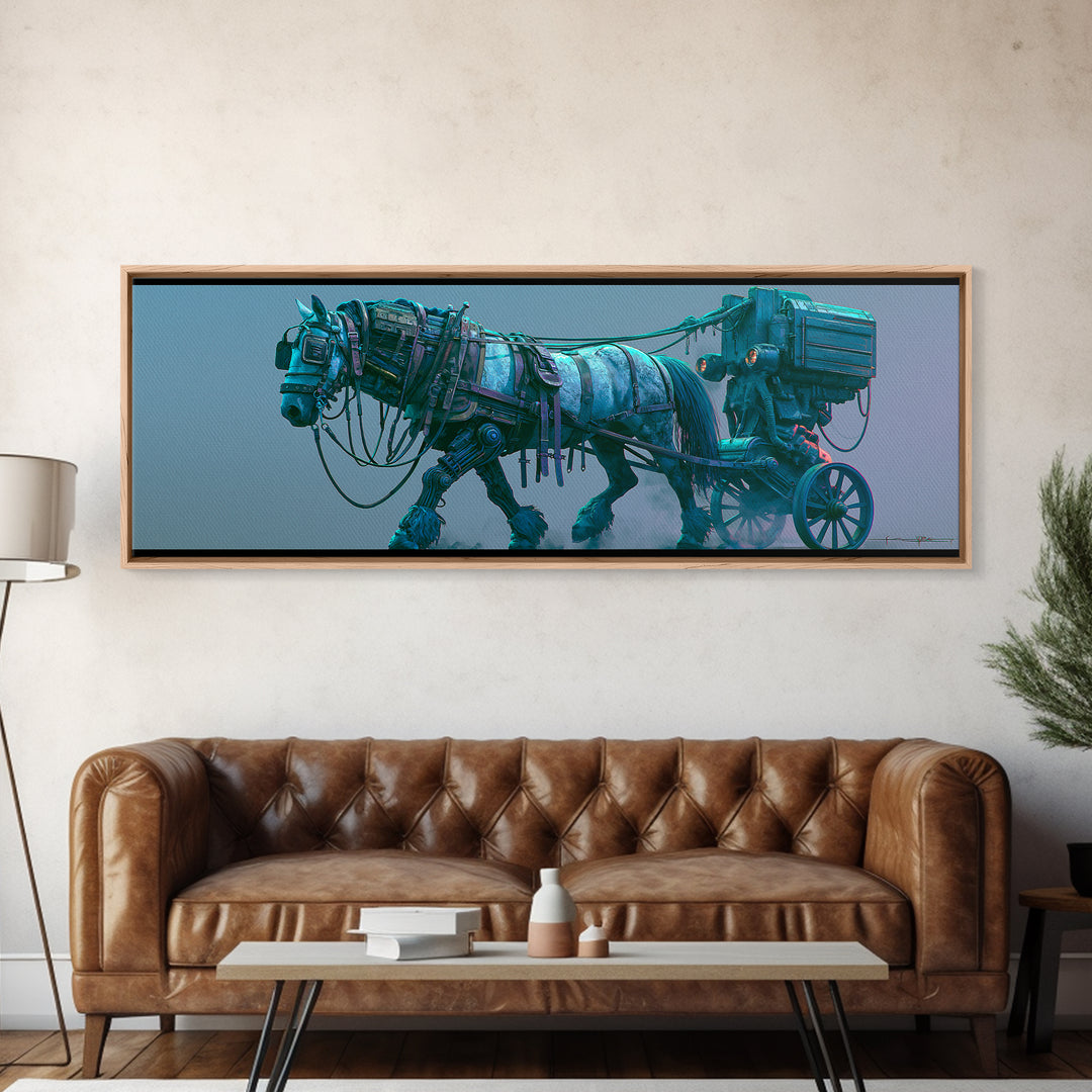 Steam Powered Horse Framed Canvas Print, Steampunk Art, Printable Art, Living Room Decor, Oil Painting, Mechanic, STE-3x1-79