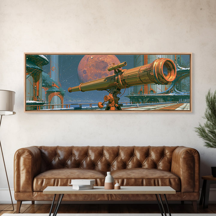 Brass Telescope Aimed at Copper Moon Canvas Print, Steampunk Art, Wall Art, Living Room Decor, Oil Painting, Mechanic, STE-3x1-88