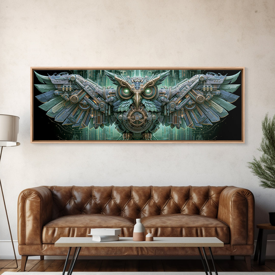 Brass Clockwork Owl Framed Canvas Print, Steampunk Art, Boho Decor, Living Room Decor, Oil Painting, Mechanic, Art Print, STE-3x1-89