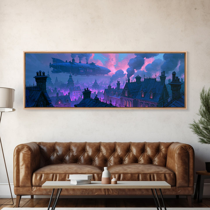 Airship Floating Above Victorian City Roofs Framed Canvas Print, Steampunk Art, Retro Decor, Living Room Decor, Mechanic, STE-3x1-90