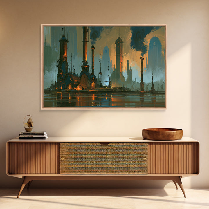 Steam Powered City Skyline Canvas Print, Steampunk Art, Wall Art Living Room, Living Room Decor, Abstract Art, Mechanic, STE-3x2-1