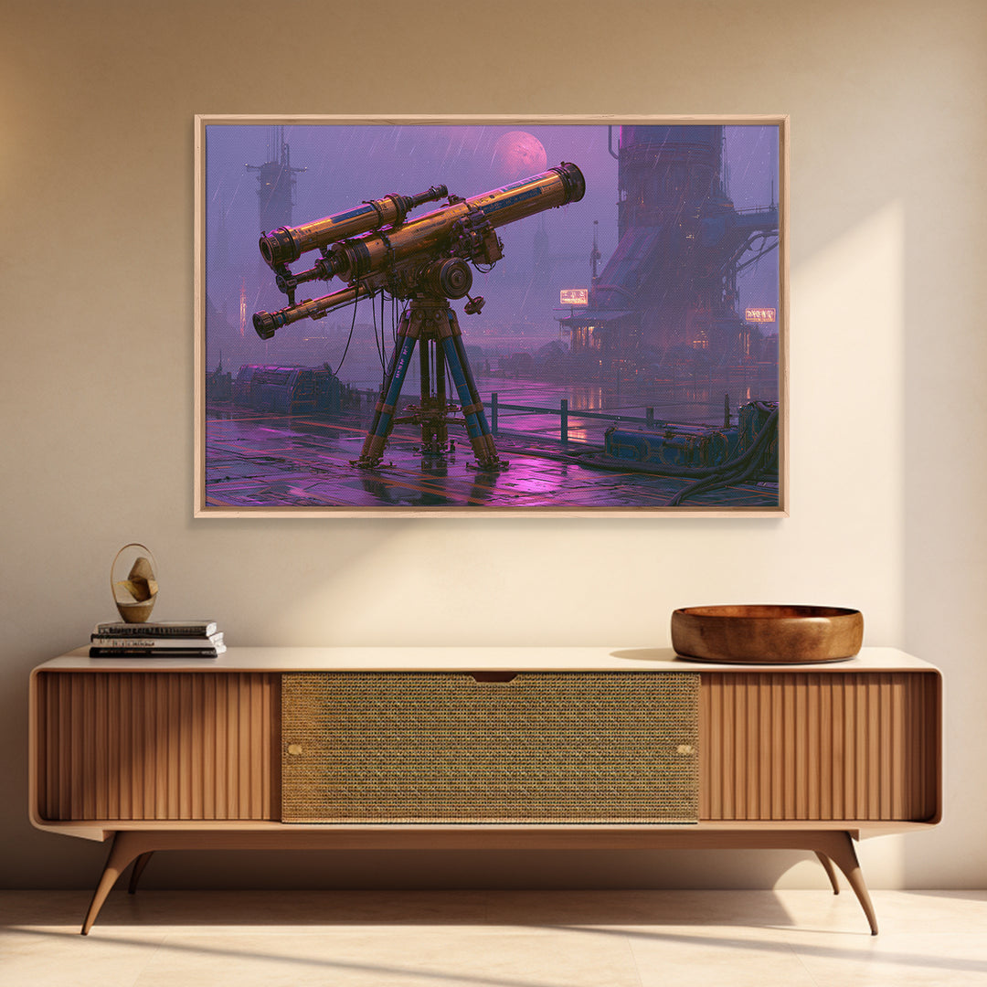 Brass Telescope Aimed at Copper Moon Framed Canvas Print, Steampunk Art, Wall Art, Living Room Decor, Oil Painting, Mechanic, STE-3x2-100