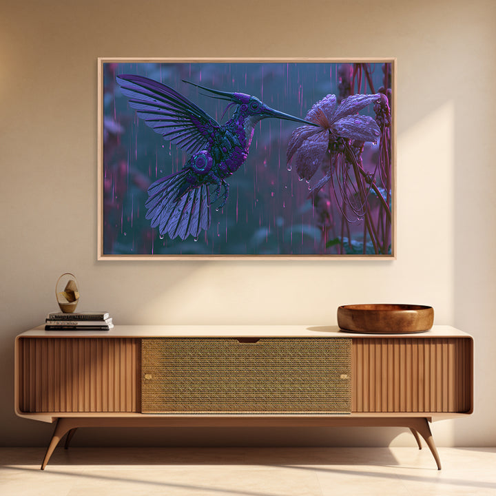 Mechanical Hummingbird Hovering Near Flower Canvas Print, Steampunk Art, Digital Download Art, Living Room Decor, Mechanic, STE-3x2-13