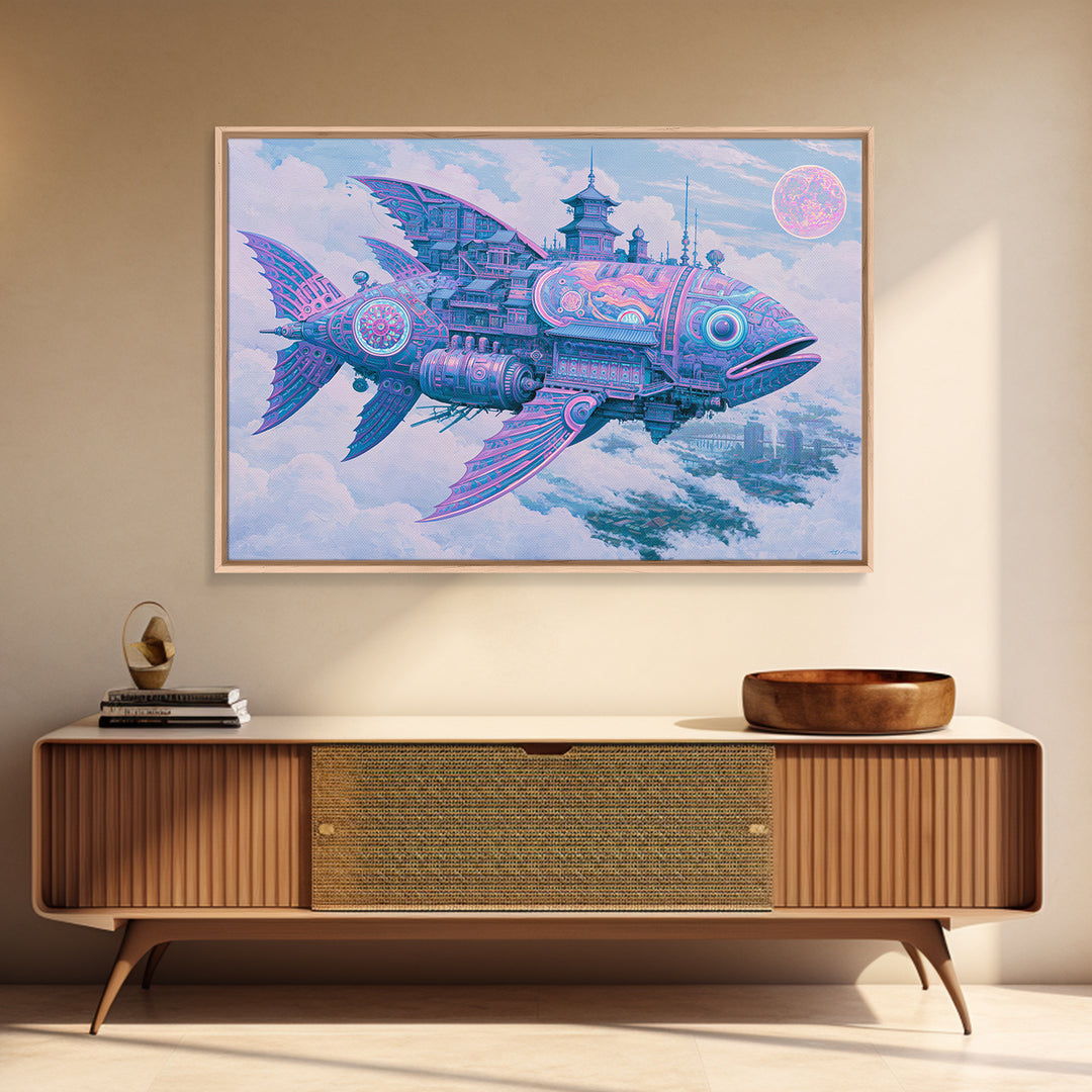 Mechanical Fish Swimming Through Clouds Framed Canvas Print, Steampunk Art, Art Nouveau, Living Room Decor, Fine Art, Mechanic, STE-3x2-2
