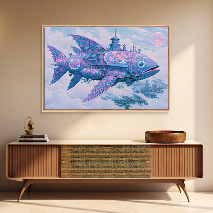 Mechanical Fish Swimming Through Clouds Framed Canvas Print, Steampunk Art, Art Nouveau, Living Room Decor, Fine Art, Mechanic, STE-3x2-2